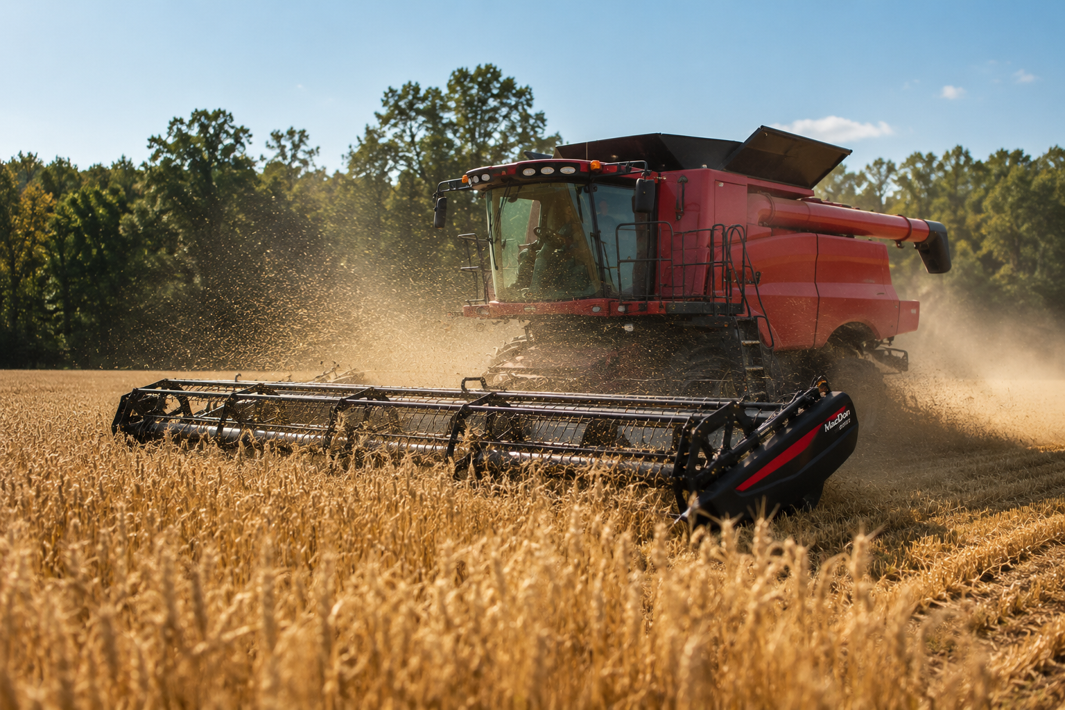 A red combine harvester working in a golden wheat field during the daytime with a background of green trees and a blue sky.