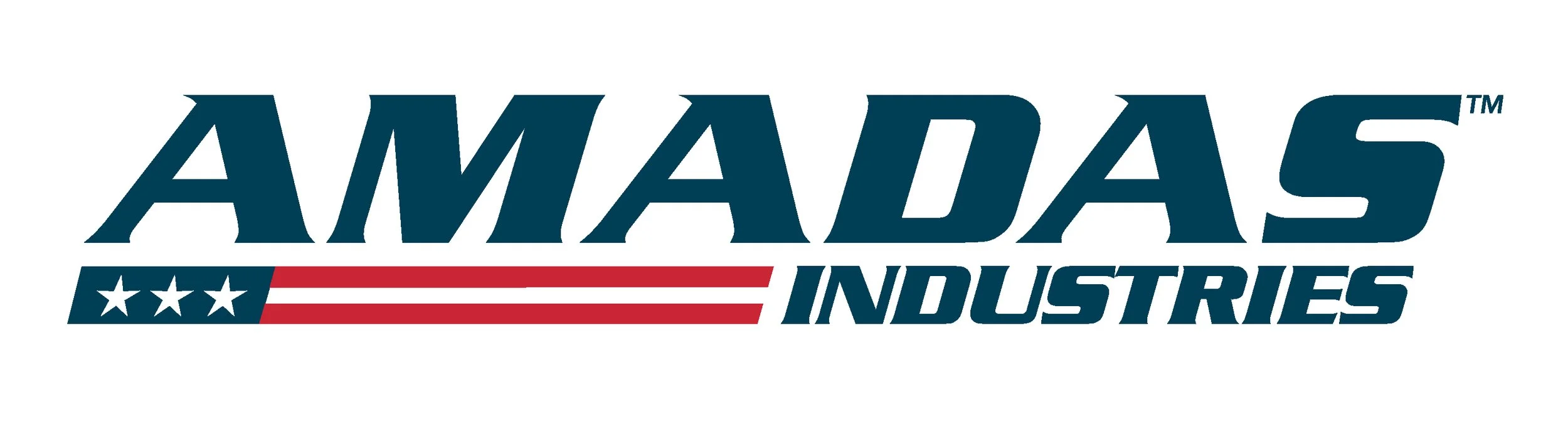Logo for Amadas Industries with blue text and a patriotic banner featuring three white stars and red stripes.