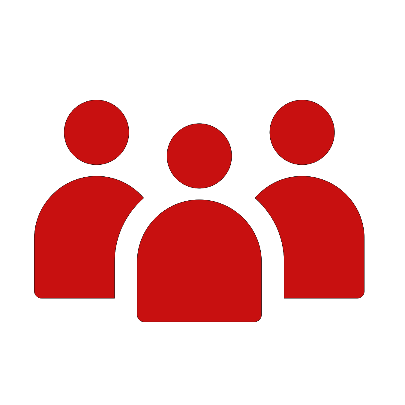 Stylized icon of a group of five people in red against a black background.