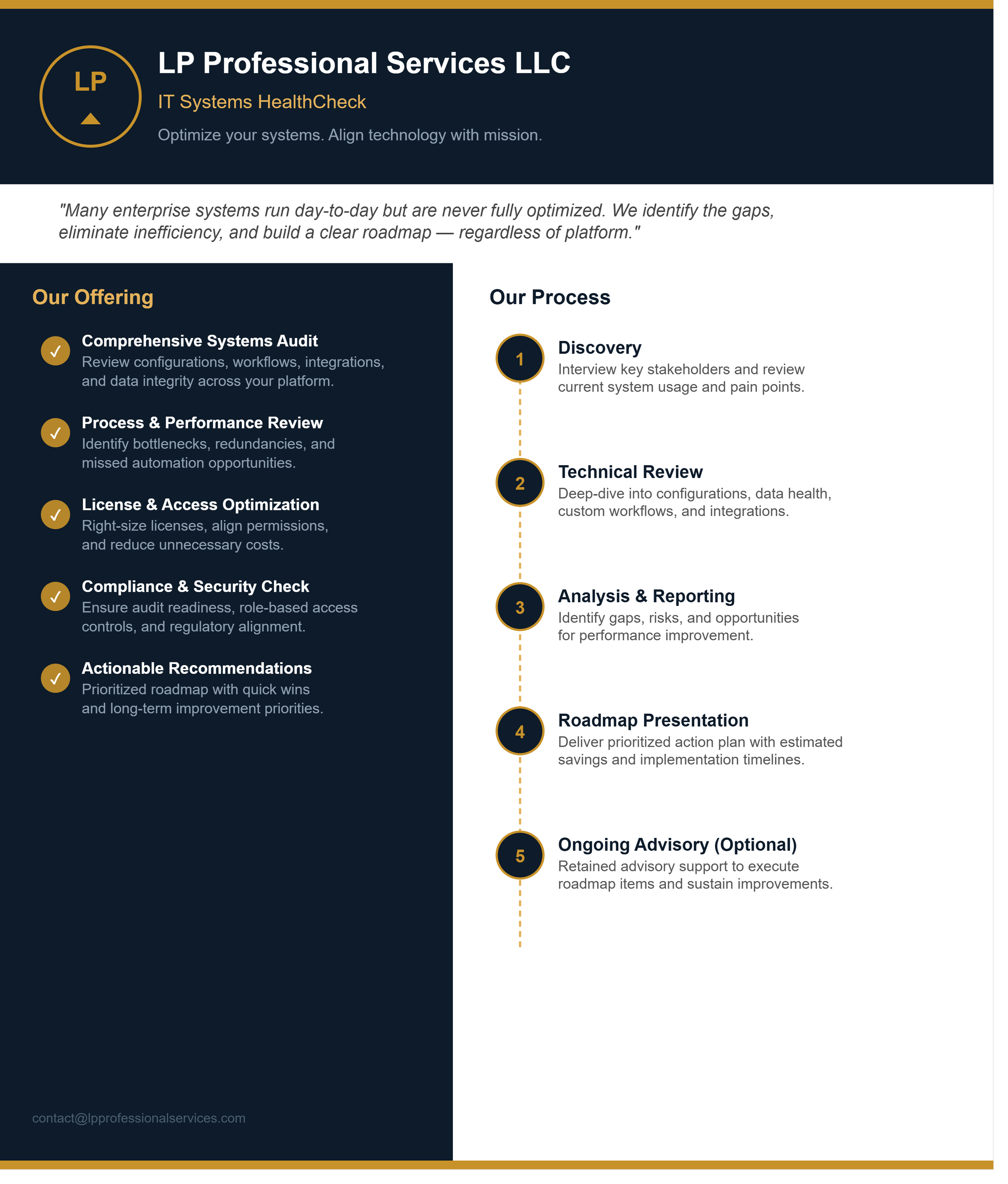 Business infographic for LP Professional Services LLC with company logo, tagline, quote, and a process flowchart detailing steps from discovery to ongoing advisory support.