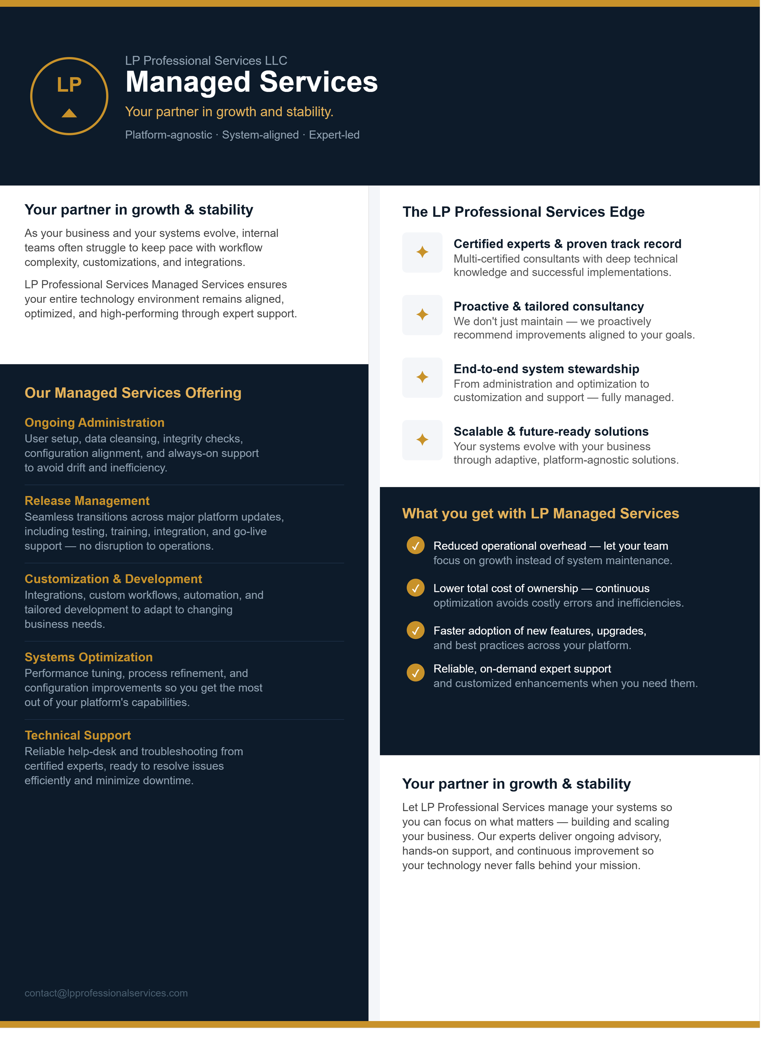 A professional marketing flyer for LP Managed Services LLC, featuring a dark blue background with gold accents. It includes sections detailing their managed services offerings such as ongoing administration, release management, customization, system optimization, technical support, and a summary of benefits like reduced operational overhead, lower costs, faster adoption, and reliable support.