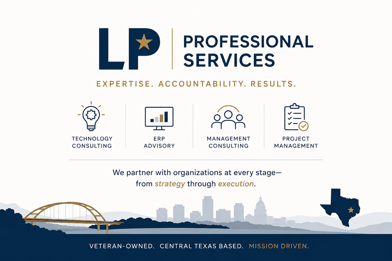 L P Professional Services logo with a star inside the 'P', graphics representing technology consulting, ERP advisory, management consulting, and project management, silhouettes of a cityscape, a bridge, and the state of Texas with a star, and a tagline about veteran ownership and central Texas location.