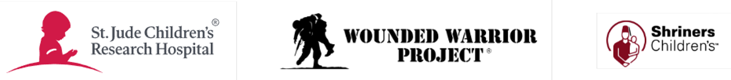 Logos of St. Jude Children's Research Hospital, Wounded Warrior Project, and Shriners Children's