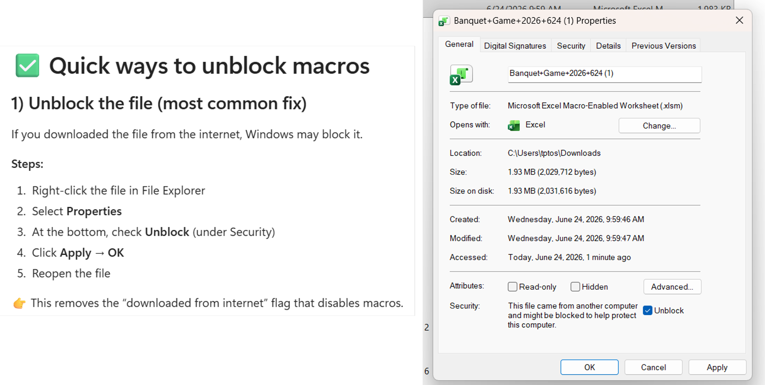 A computer screen showing a document titled 'Quick ways to unblock macros' and properties of an Excel macro-enabled worksheet file named 'Banquet+Game+2026+705'.