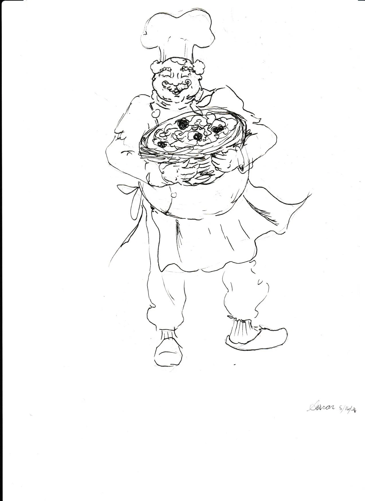 A line drawing of a chef holding a basket of food for preparing a banquet, wearing a tall chef hat, apron, and pants with boots.