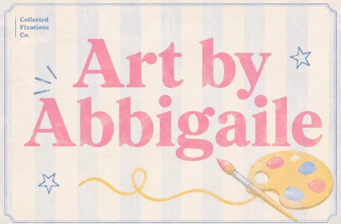 Art by Abbigail booklet cover with pink text, small blue stars, and a painter's palette with a paintbrush.