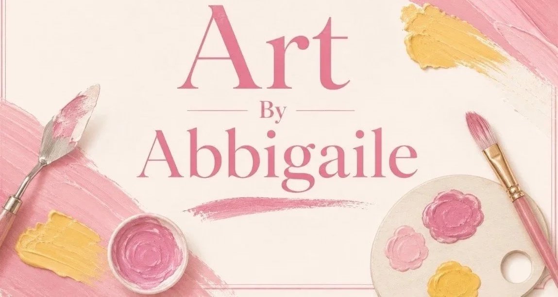 Digital poster with pink and yellow paint, art supplies, also including a palette, paintbrushes, and a palette knife, on a light pink background.