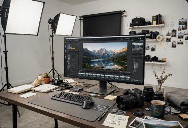 Photography studio workspace with a large monitor showing landscape photo editing, surrounded by cameras, lenses, notebooks, lighting equipment, and photographs on the wall.