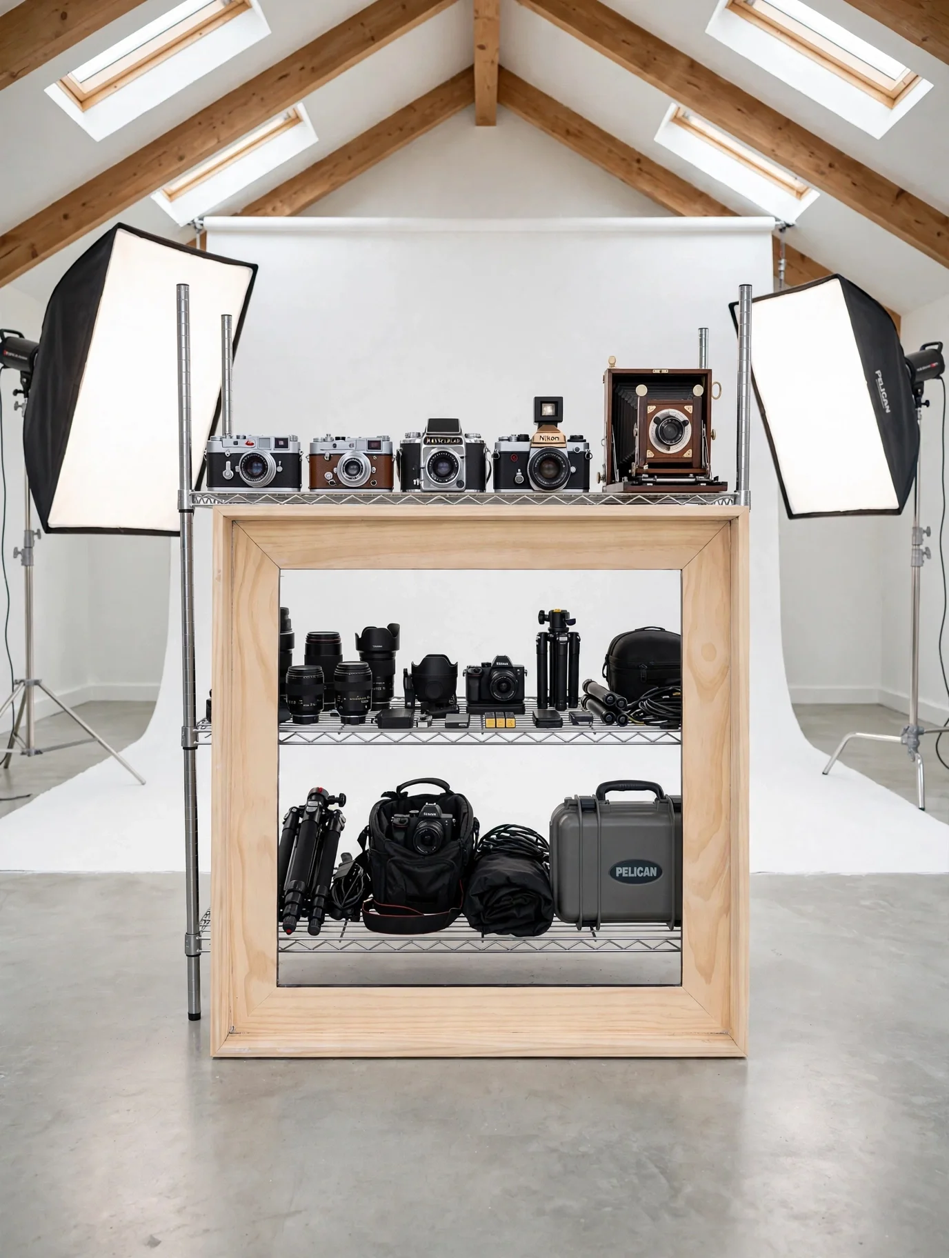 Photography studio with a white backdrop, softbox lights, and a variety of cameras and photography equipment on metal shelving and a wooden frame in front.