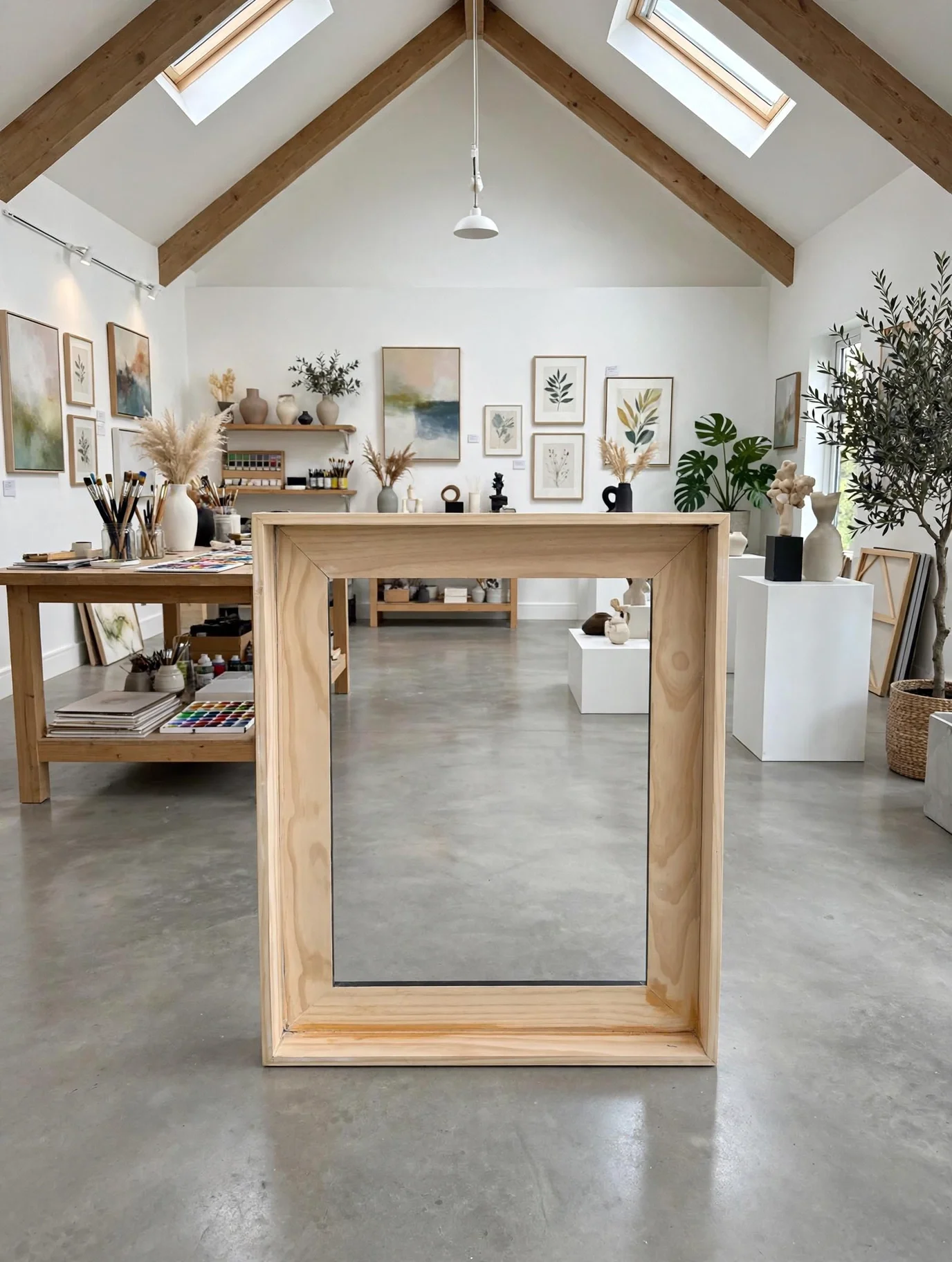 An art studio with white walls and a wooden A-frame ceiling, skylights, various paintings and art supplies, and a large empty wooden frame standing in the center of a concrete floor.