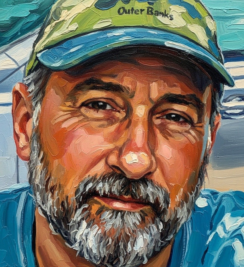 Close-up of a man with a gray beard, wearing a camouflage cap with the words 'Outer Banks,' and a blue jacket, likely painted as a portrait.