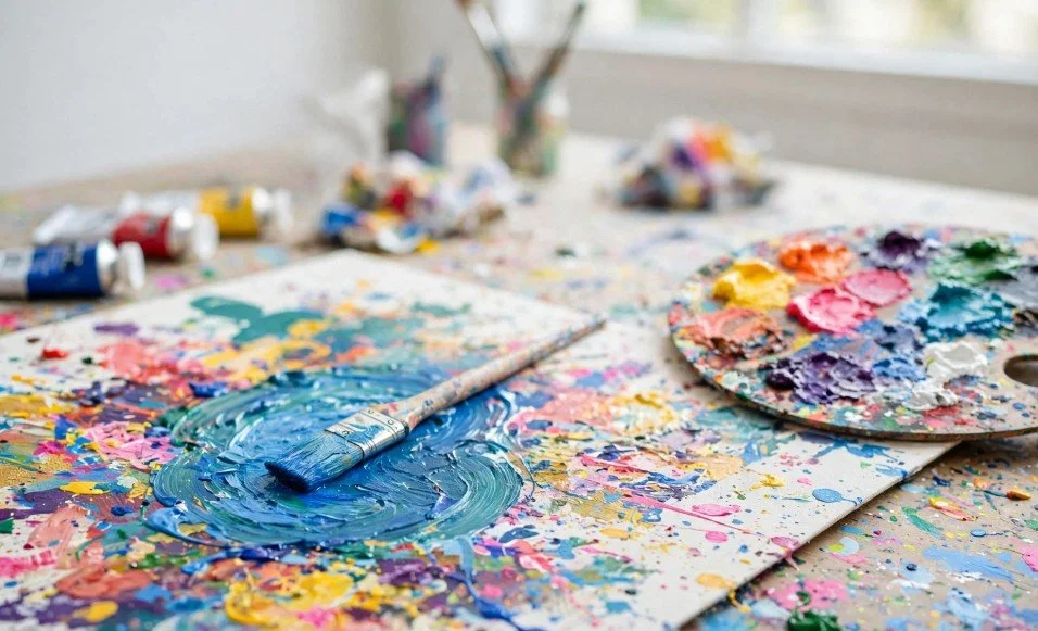 A colorful artist's workspace with a palette of thickly mixed paints, a paintbrush on a splattered canvas, and several tubes of paint in the background.