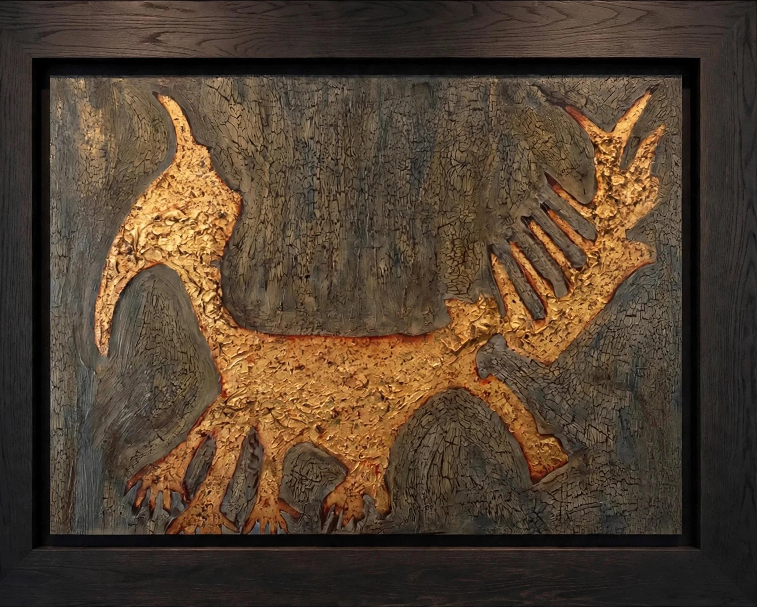 Framed artwork of a wooden dinosaur skeleton with glowing accents on the head, tail, and claws, set against a textured wooden background.