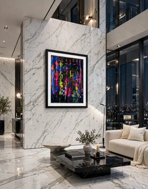 Neon rain in white room with furniture.jpg