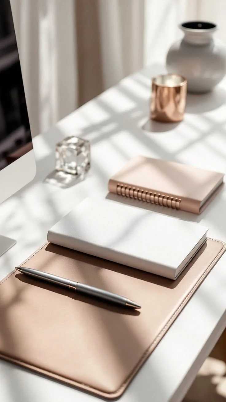 A white desk with a rose gold notebook, a white notebook, a silver pen, and decorative vases, with sunlight casting shadows on the surface.
