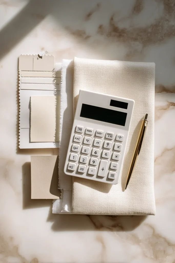 A white calculator placed on a folded white cloth, with color samples or fabric swatches to its left, and a gold pen resting on the cloth.