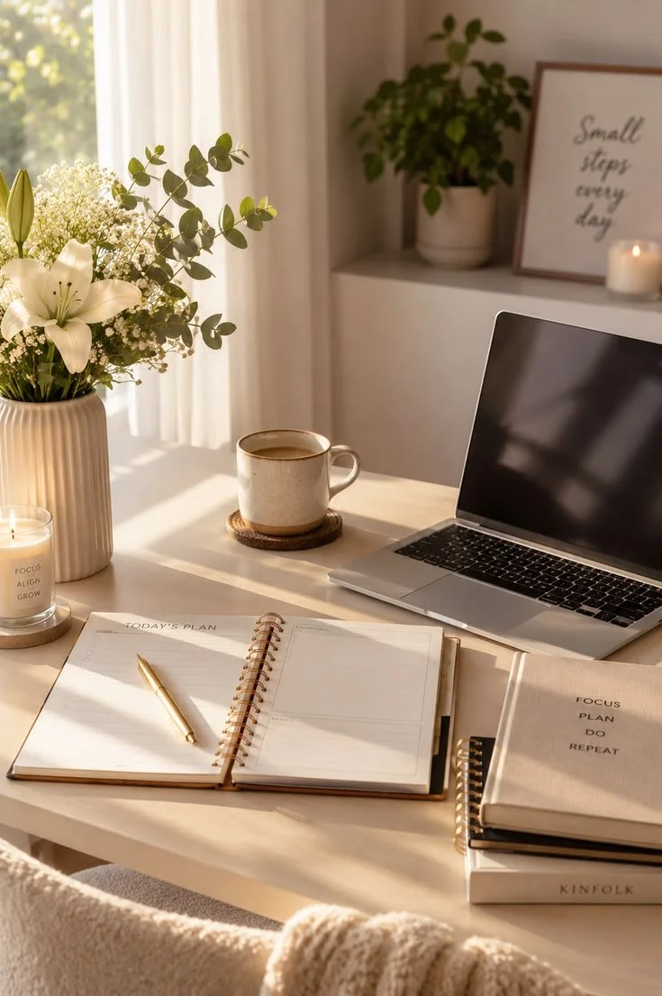 A workspace with a notepad, planner, and pen, a laptop, a coffee mug, a lit candle, and a vase of white flowers, with a framed quote in the background that says 'Small steps every day'.
