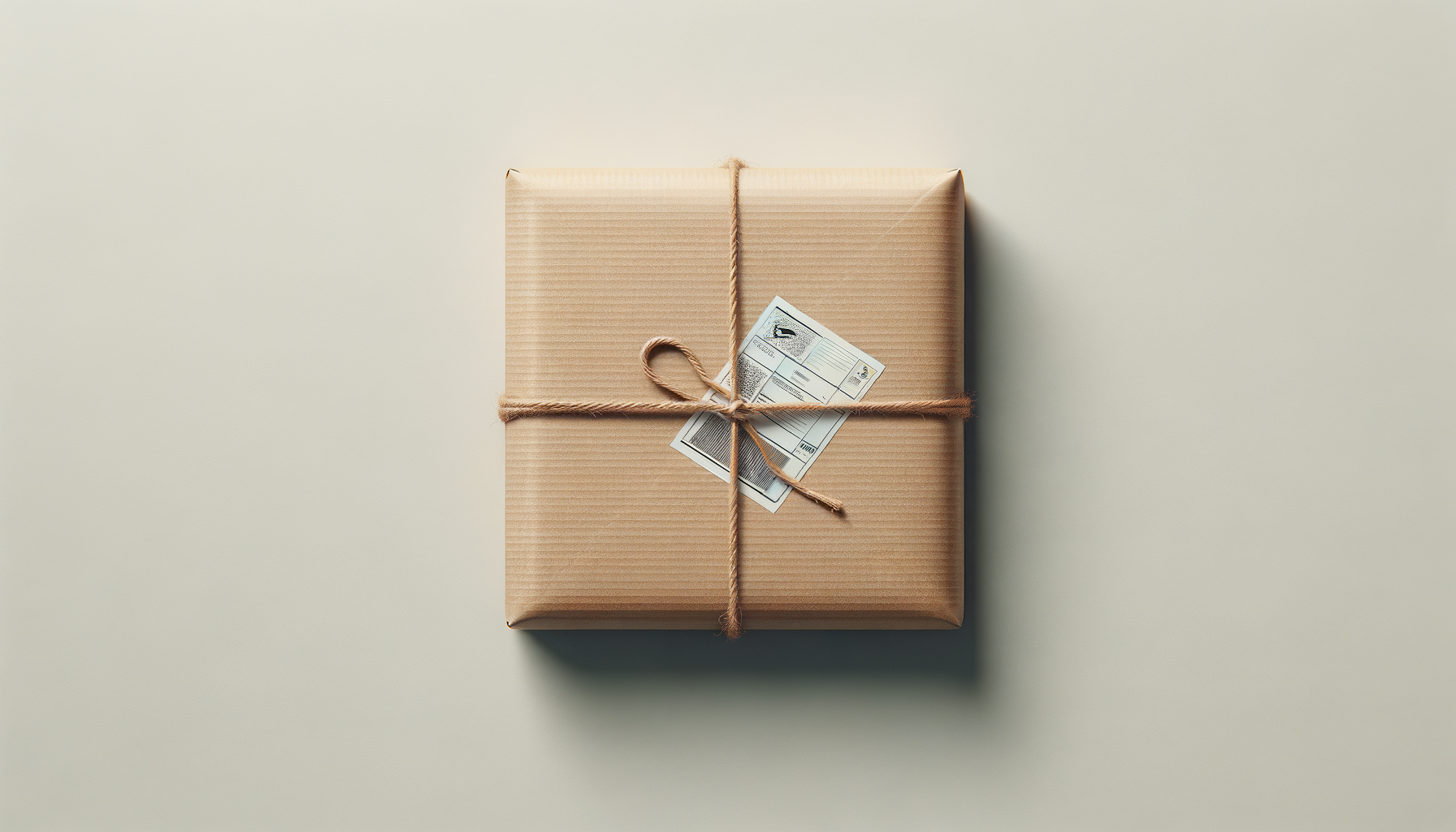 A neatly wrapped gift in brown paper with twine bow and a shipping label attached, placed on a light-colored surface.