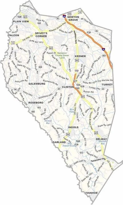 Map of the town of Ivanhoe, Illinois, showing roads, highways, and neighborhoods including Garfield, Ingold, Turkey, Keener, Newton Grove, and others.
