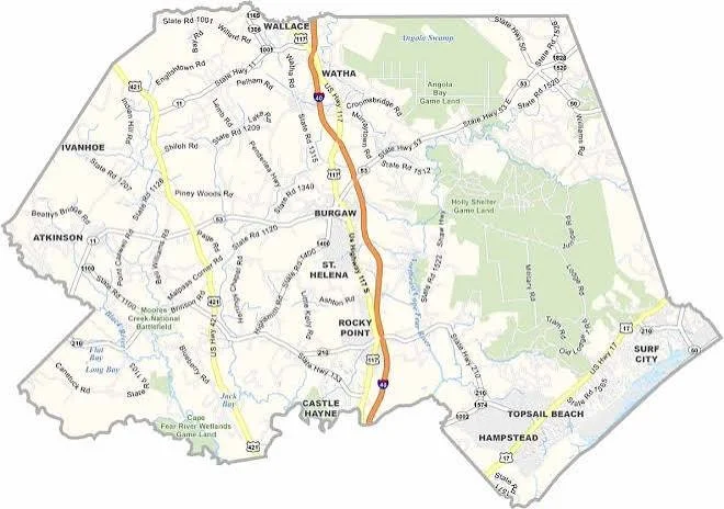 A map of a region with roads, towns, and landmarks including Watha, Burgaw, Rocky Point, Castle Hayne, Topsail Beach, and Surf City, showing street names and natural features.