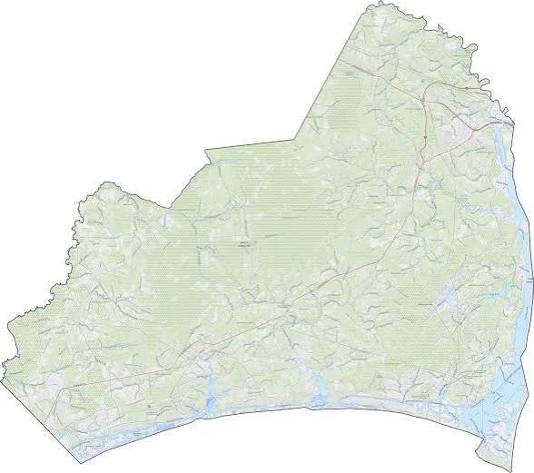 Map of a state with green areas, roads, and water features, likely a geographic or political map.