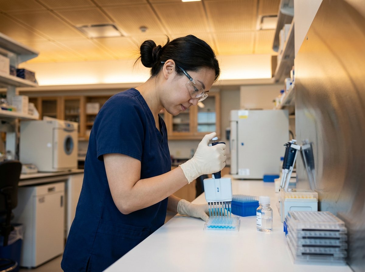 A scientist in a laboratory using a multichannel pipette to transfer liquid into a well plate, wearing protective glasses and gloves.
