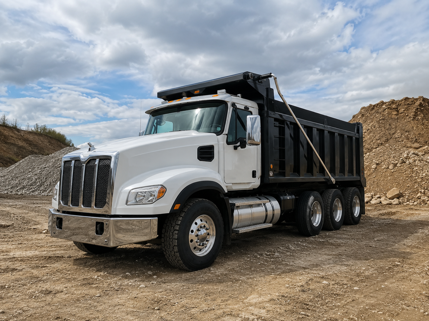 A white dump truck parked on a dirt construction site with mounds of gravel and dirt in the background, under a partly cloudy sky.