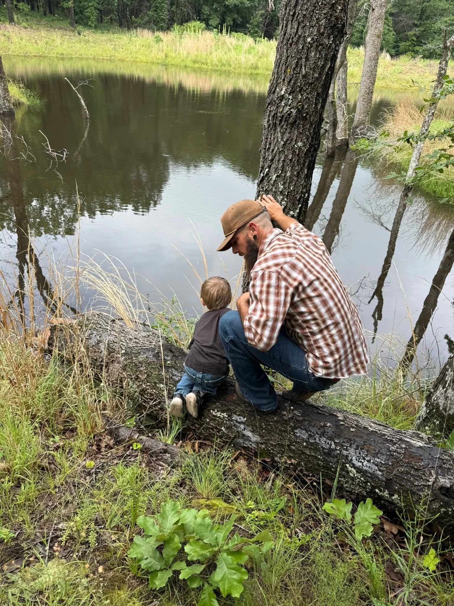 A man with a beard and a young boy near a river, sitting on a fallen tree trunk in a forested area with tall grass and trees.