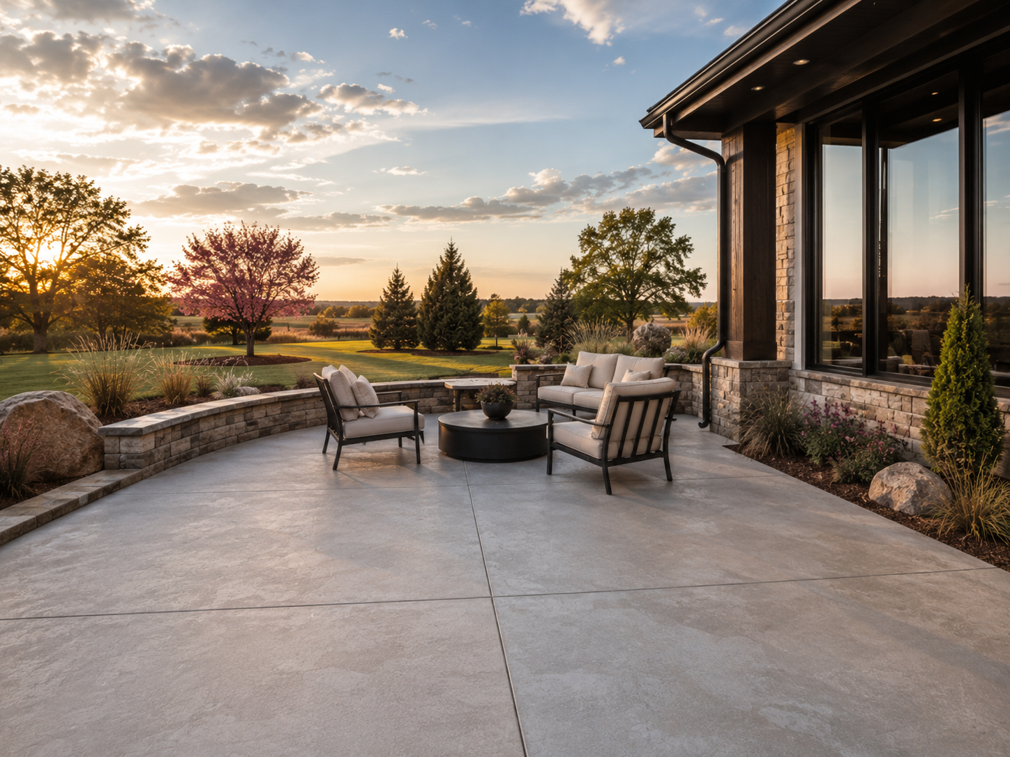A spacious outdoor patio with modern furniture, including cushioned chairs and a round coffee table, overlooking a scenic landscape with trees, grass, and a sunset sky.