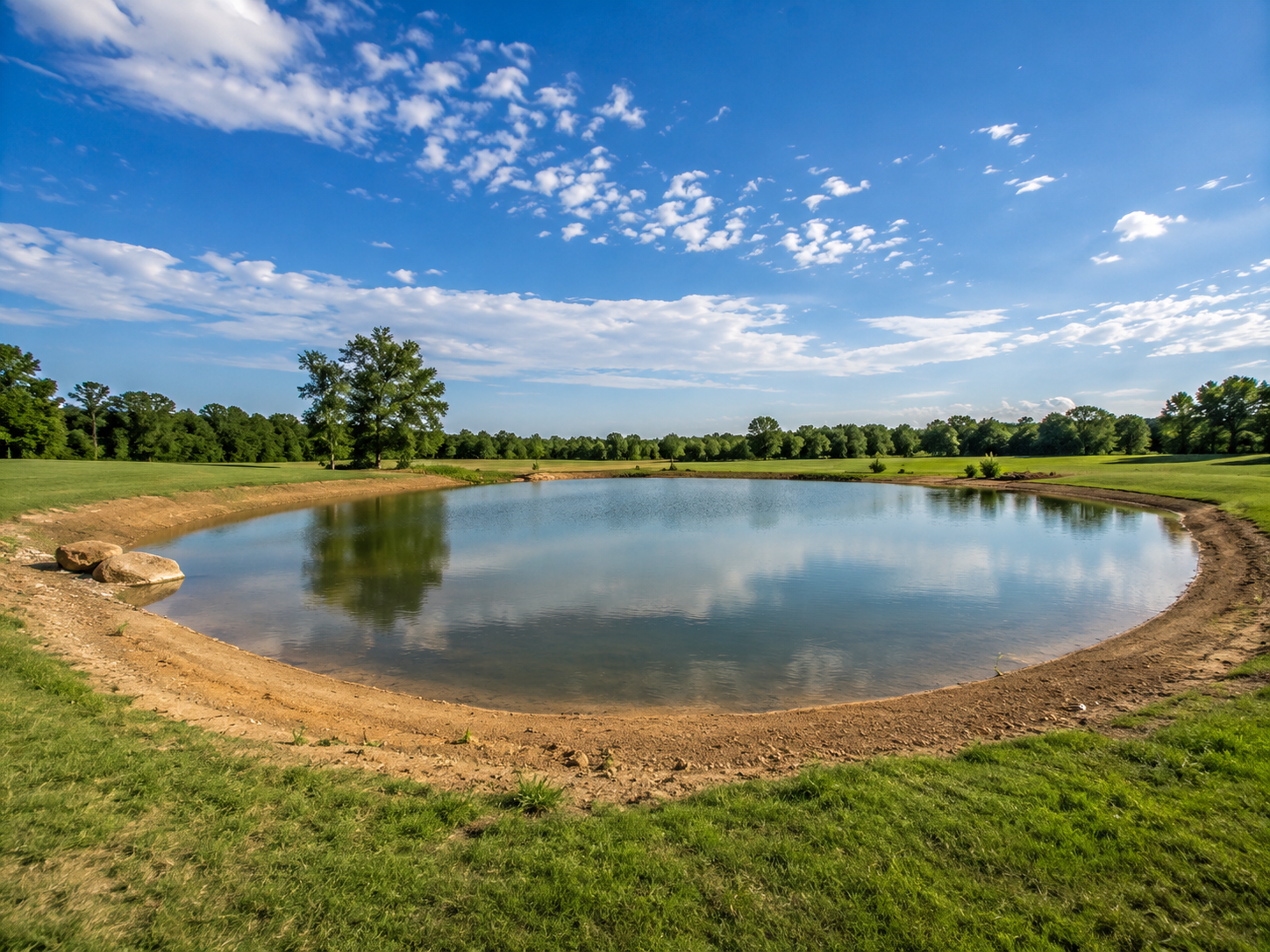 A lakeside scene with a curved shoreline, green grass, a few large rocks, tall trees, a blue sky with scattered clouds, and calm water reflecting the sky and trees.