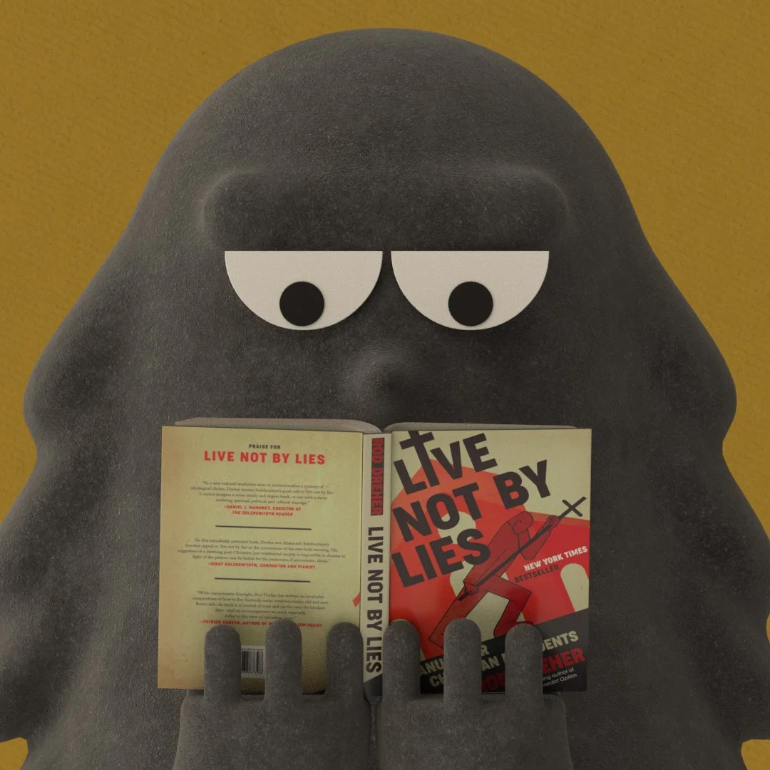 3D editorial illustration inspired by Live Not by Lies by Rod Dreher.