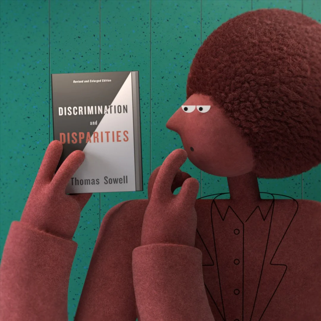 3D editorial illustration inspired by Discrimination and Disparities by Thomas Sowell, showing a character holding the book.
