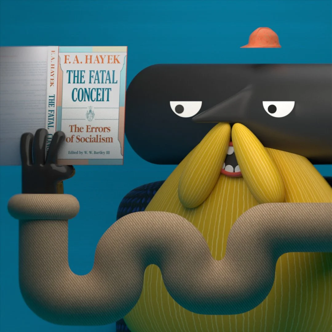 3D editorial illustration inspired by The Fatal Conceit by F. A. Hayek.