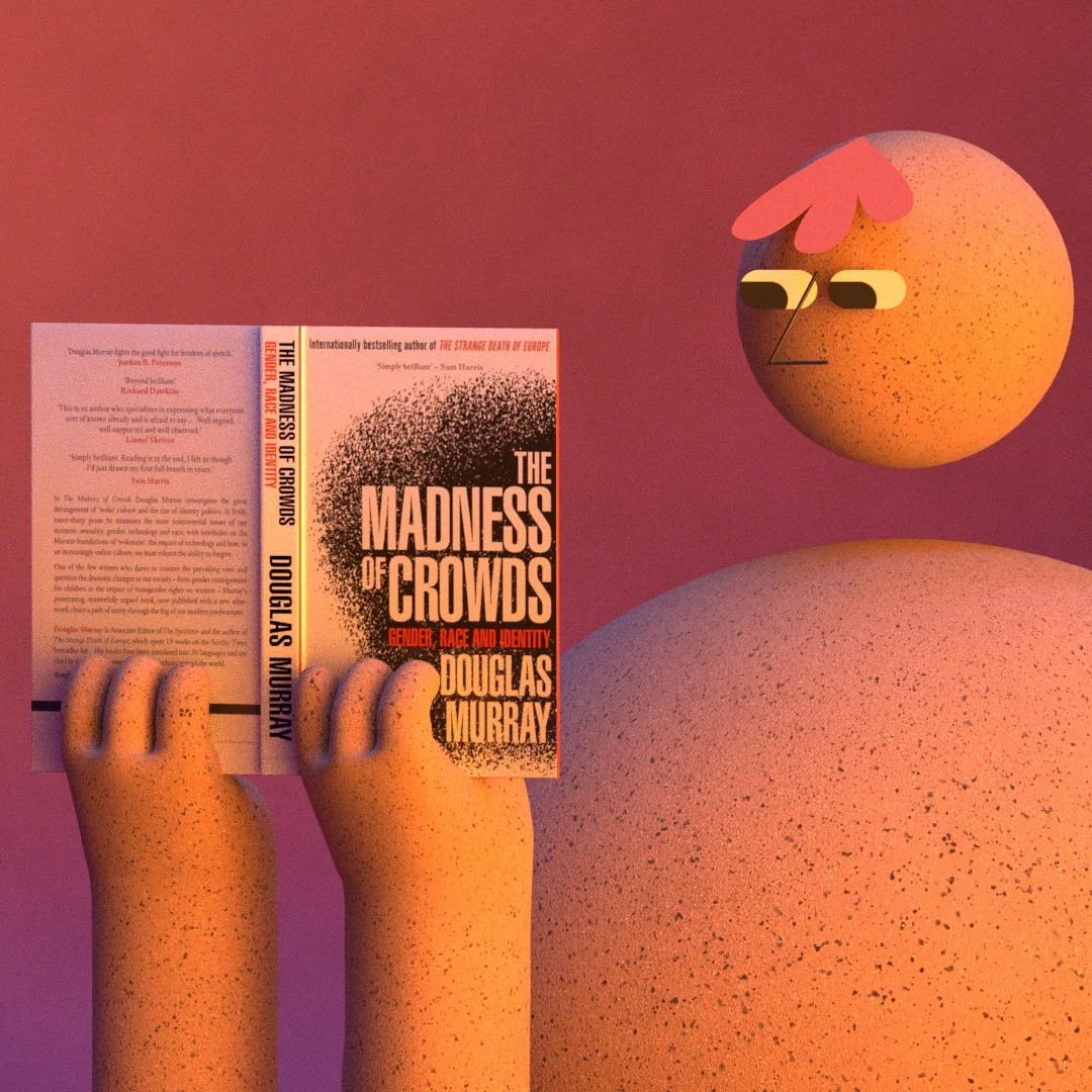 3D editorial illustration inspired by The Madness of Crowds by Douglas Murray.