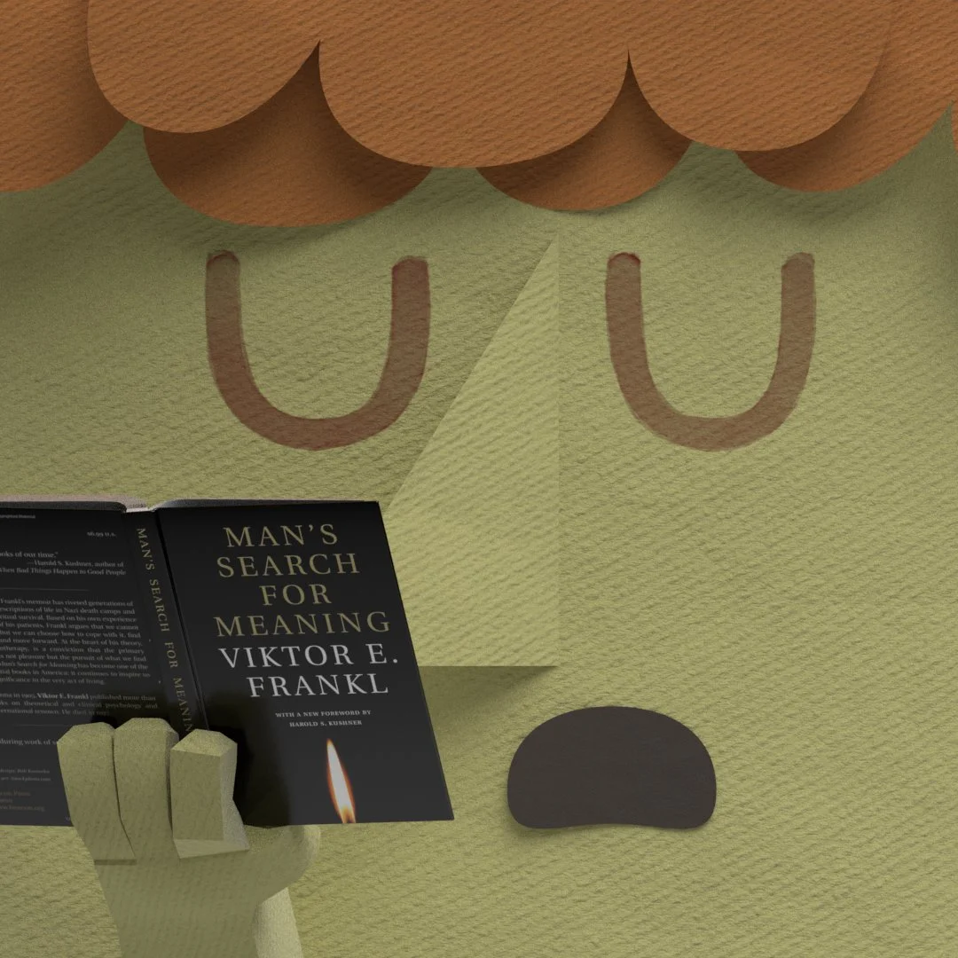 3D editorial illustration inspired by Man's Search for Meaning by Viktor E. Frankl.