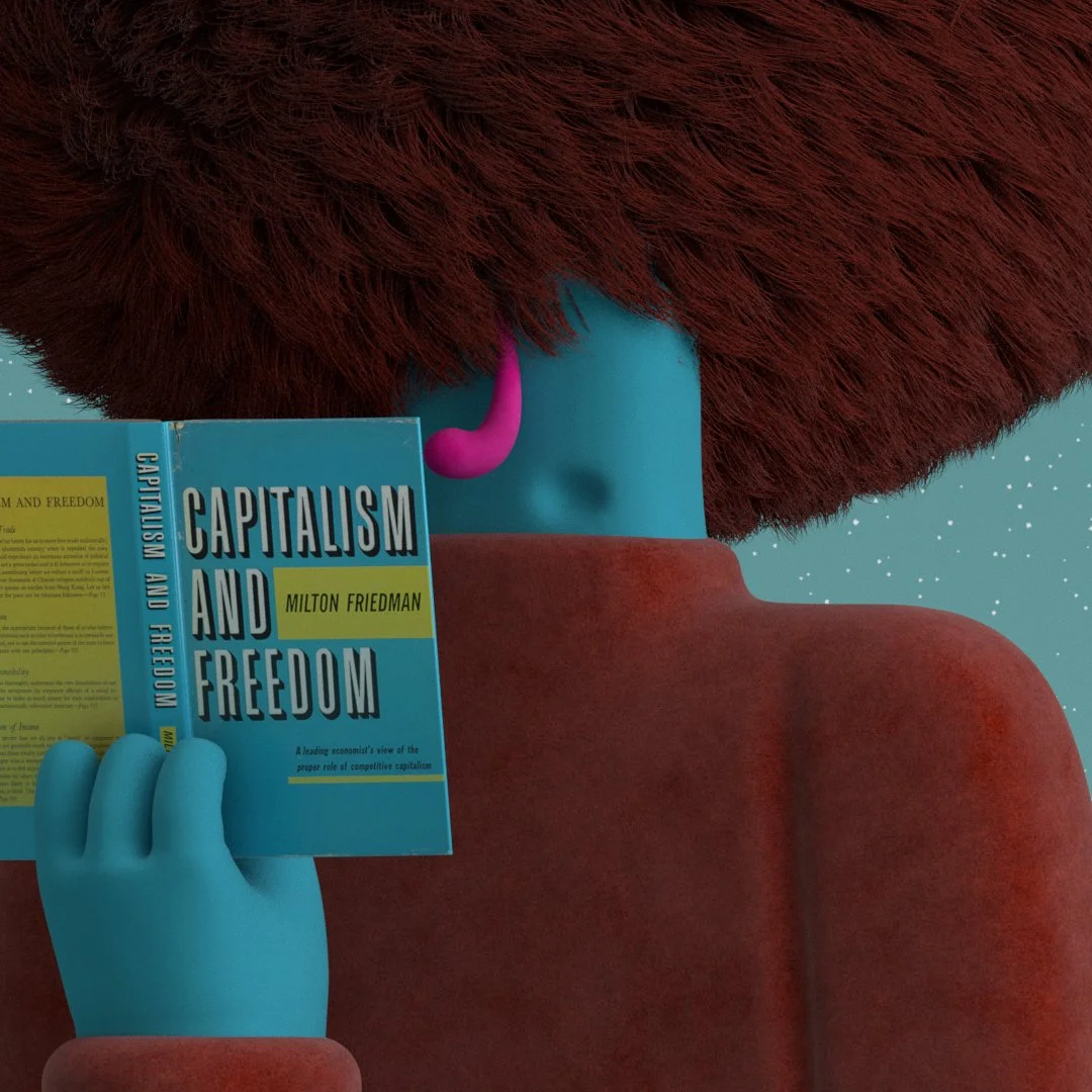 3D editorial illustration inspired by Capitalism and Freedom by Milton Friedman.