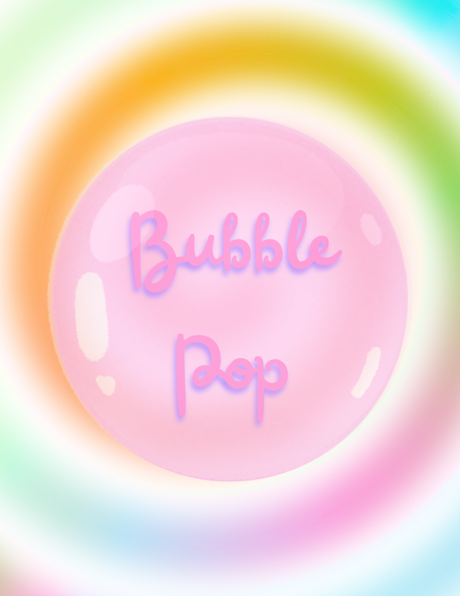 A colorful abstract image with a pink circle in the center, the words "Bubble Pop" written in pink, and a rainbow gradient background.