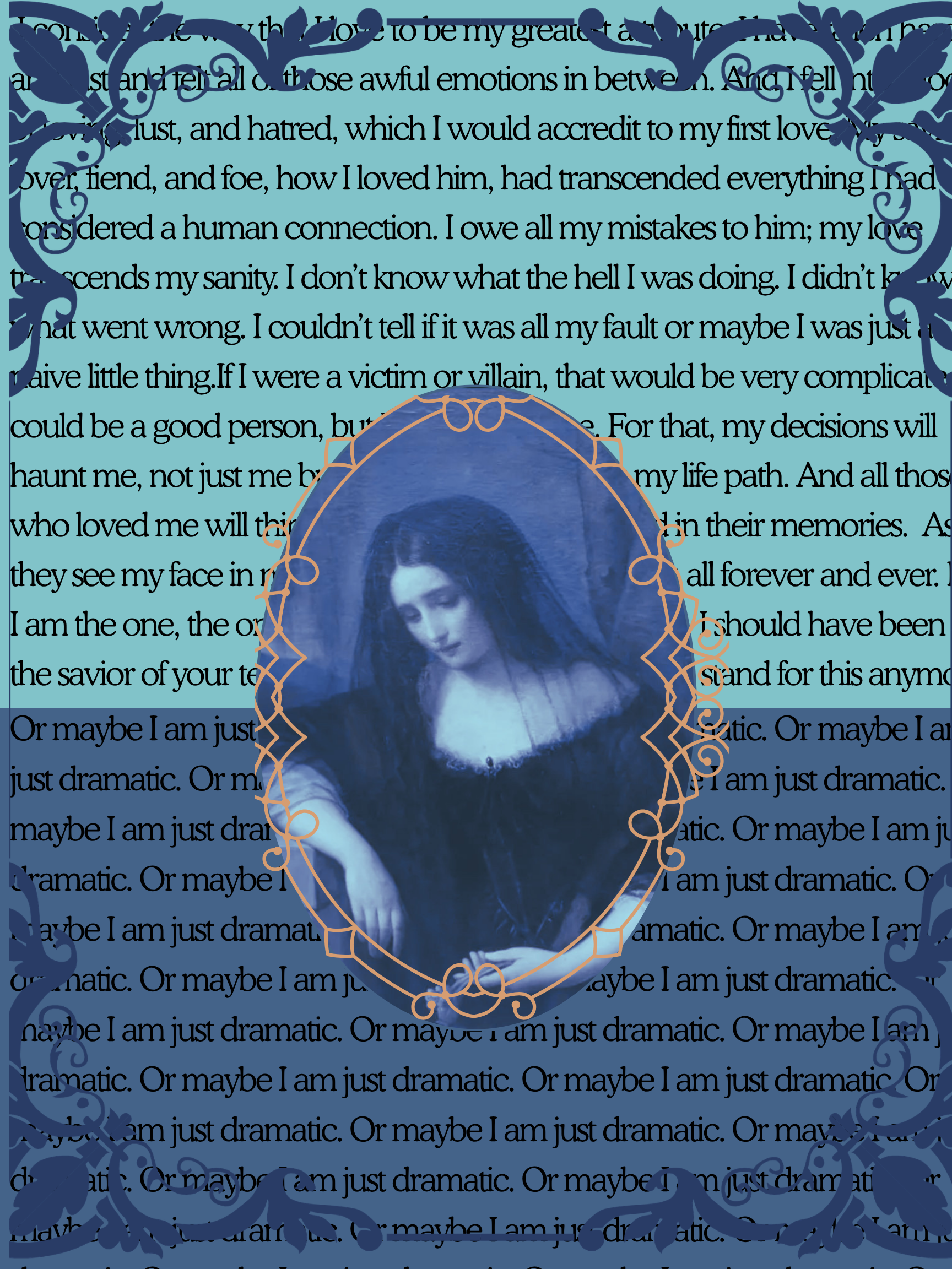 A woman with dark hair takes a selfie in front of a mirror. The background is filled with text, and decorative blue patterns frame the image.