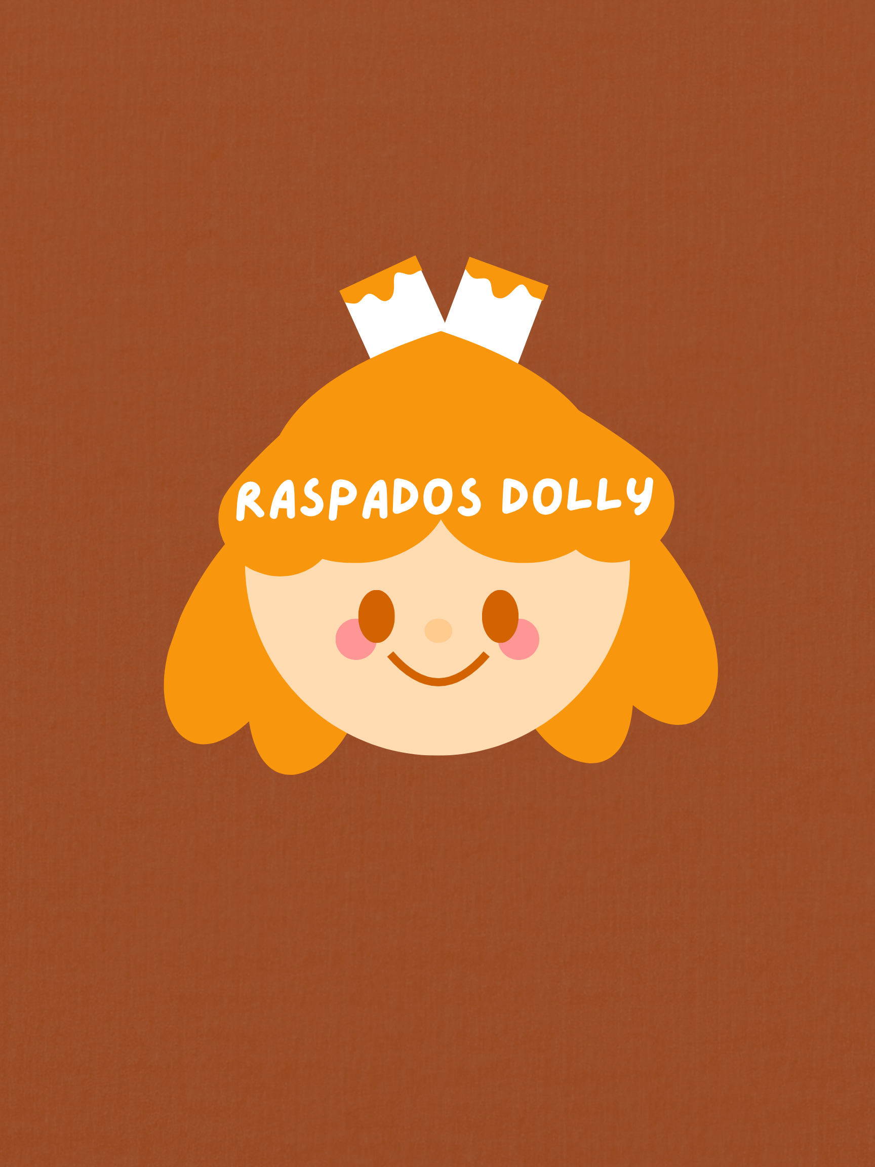 Logo poster of orange haired girl on brown background Text reads "Raspados Dolly" as a mascot for a ice cream/ shaved ice company as a concept for portfolio sample