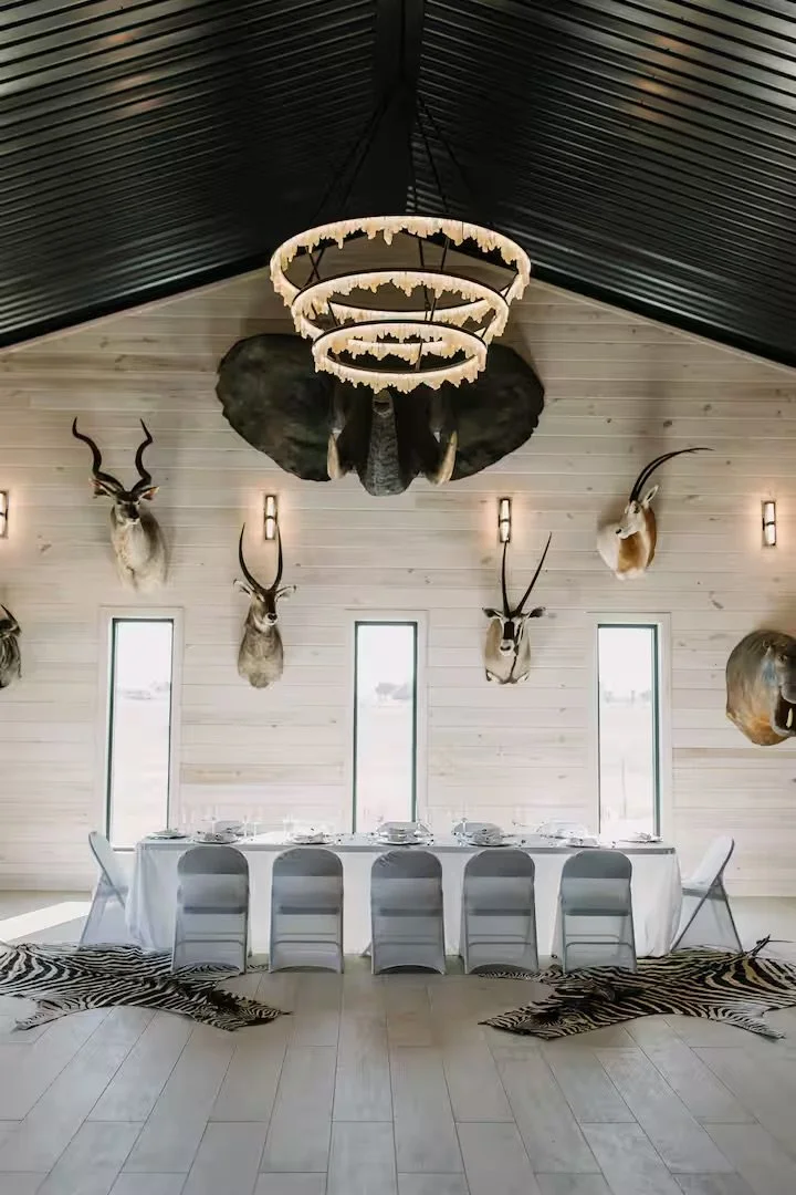 A dining room with a long table set for a meal, surrounded by white chairs. The wall behind features mounted animal heads, including antelope and deer. There are three narrow windows and a decorative circular chandelier with a mountain landscape desi