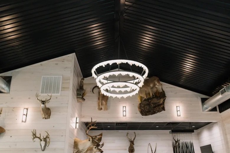 Interior of a lodge with taxidermy deer heads on white wooden walls and modern black ceiling with a circular chandelier.