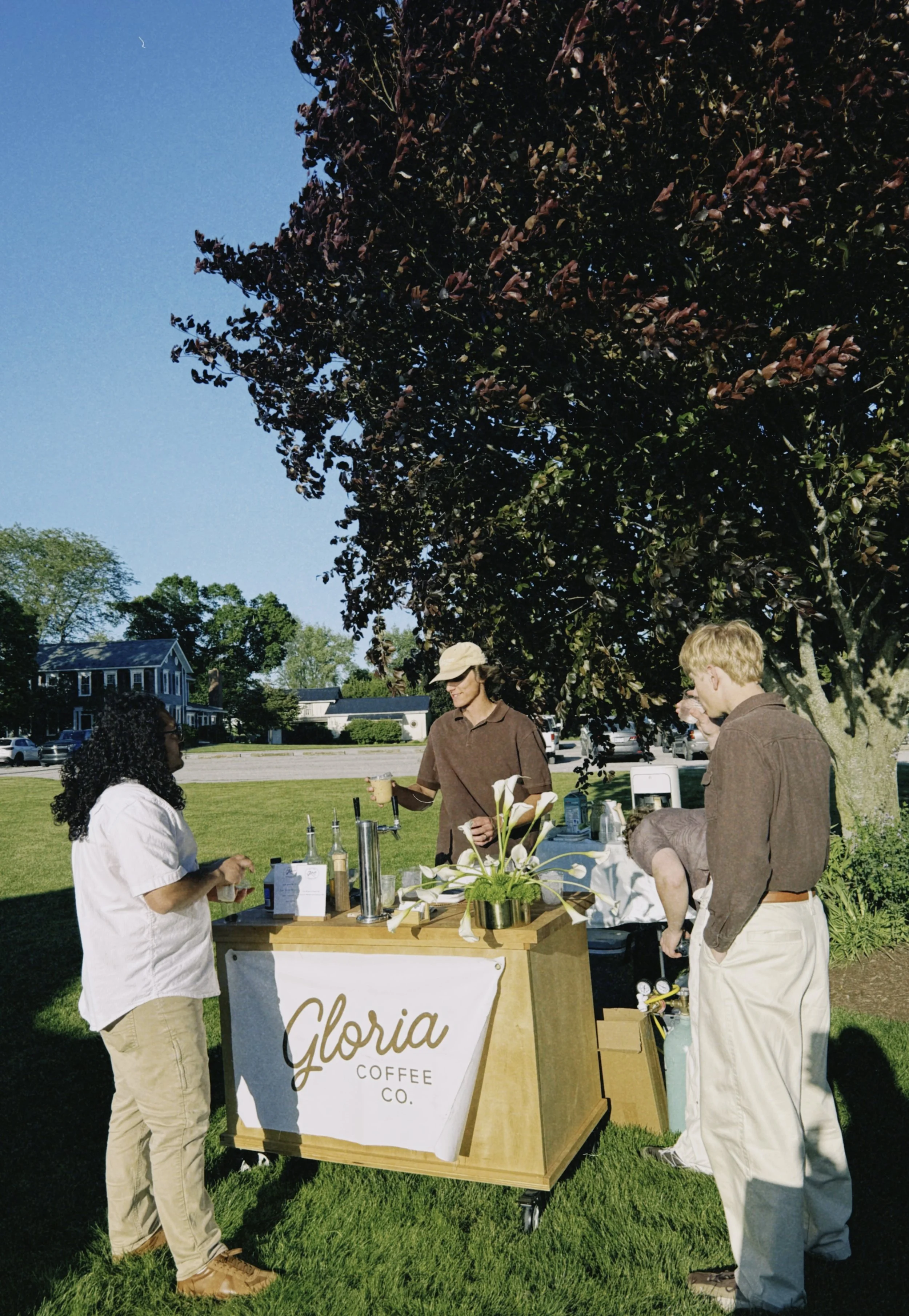 People gathered around a coffee cart outdoors with a sign that reads "Gloria Coffee Co." under a large tree with dark purple leaves on a sunny day.