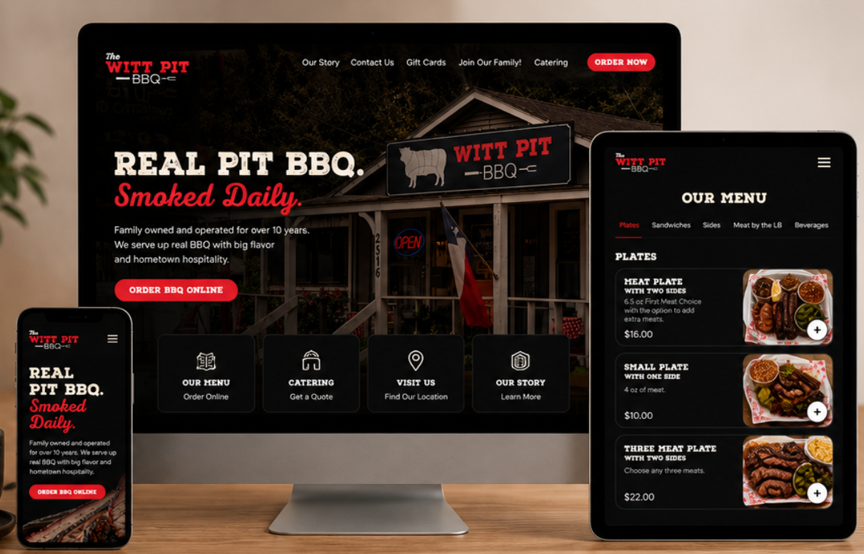 This website project was designed to help a family-owned BBQ restaurant create a smoother guest experience online. With a focus on clear navigation and online ordering, the layout guides customers to the menu, catering services, location details, and