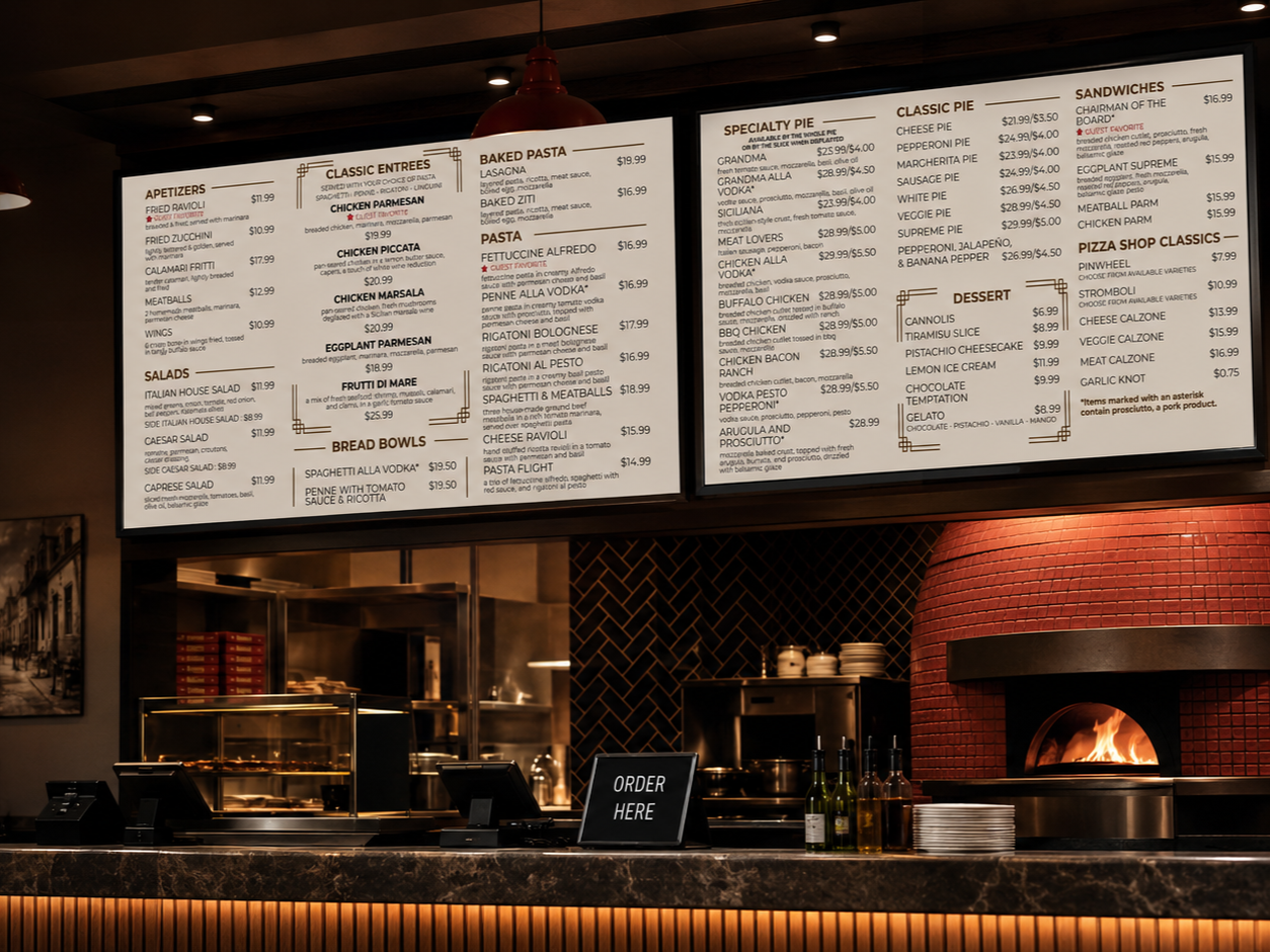 This two-screen menu board design for an Italian Eatery was built around simplicity, readability, and brand consistency. Using a neutral palette and no food photography, the layout keeps the focus on clear categories, pricing, and guest ordering flow