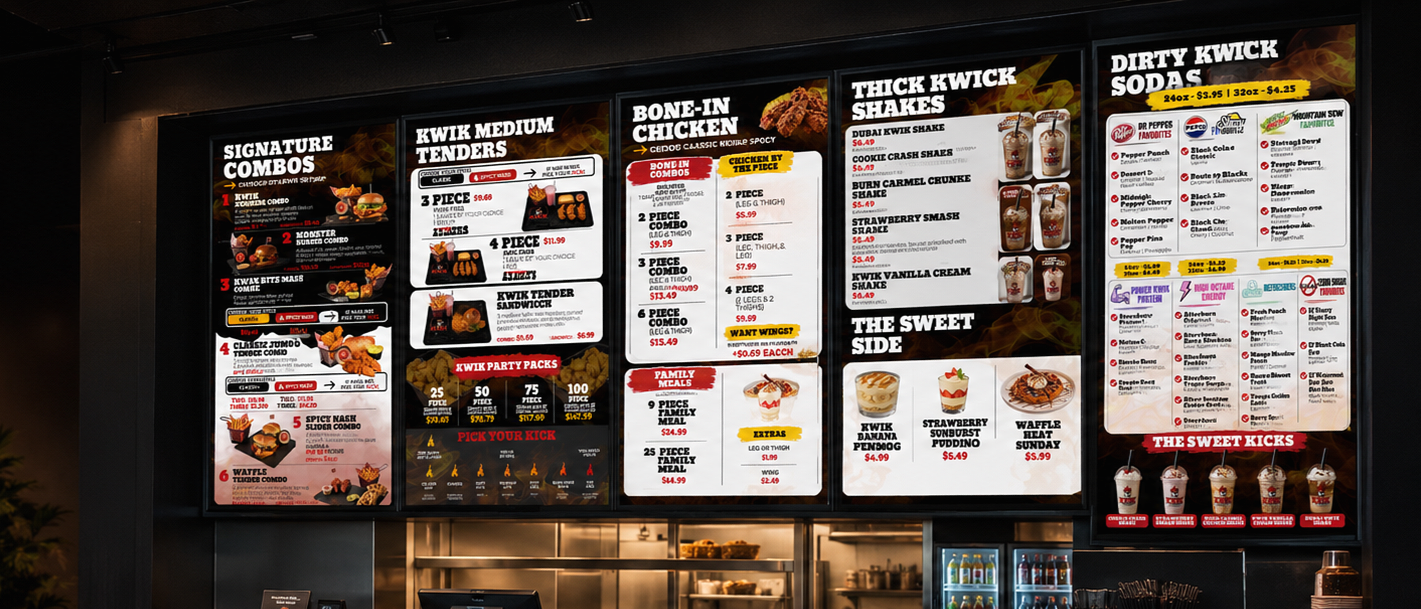 This menu board redesign was created to refresh the restaurant’s existing boards while incorporating new menu items and improving the overall guest experience. The layout was restructured to create a more natural ordering flow, simplify crowded secti