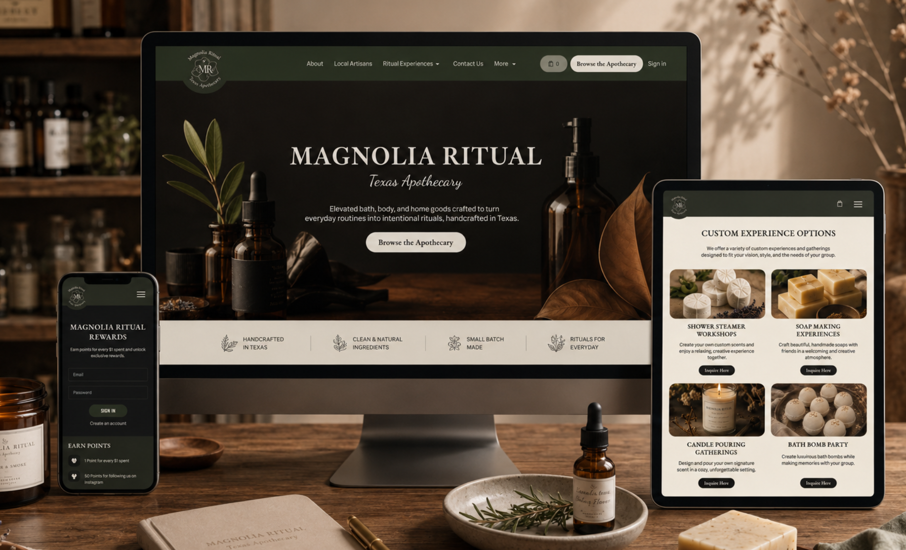 This website project was designed to create a more organized and user-friendly experience while staying true to the brand’s apothecary-inspired identity. The layout highlights product shopping, custom experiences, local artisans, rewards, and visit i