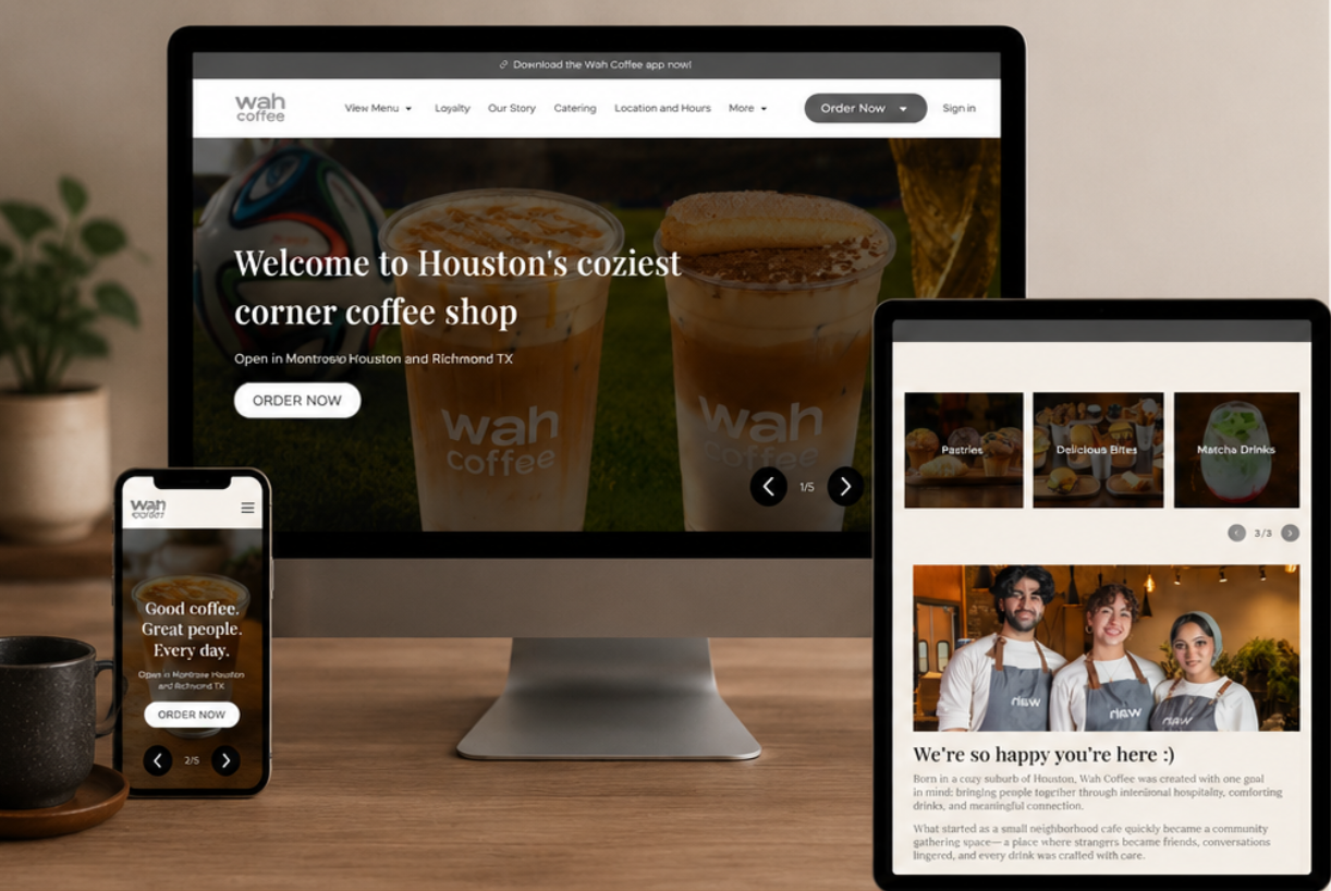 This coffee shop website was designed to create an easy and inviting online experience for both new and returning guests. The site highlights the menu, loyalty program, online ordering, catering, locations, and brand story while keeping the layout cl