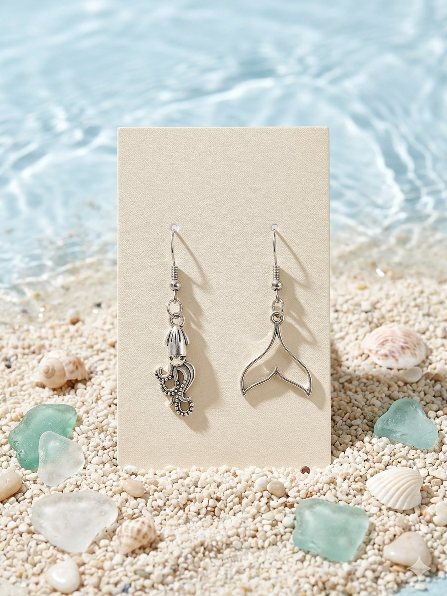 Squid & Whale Tail mismatched earrings