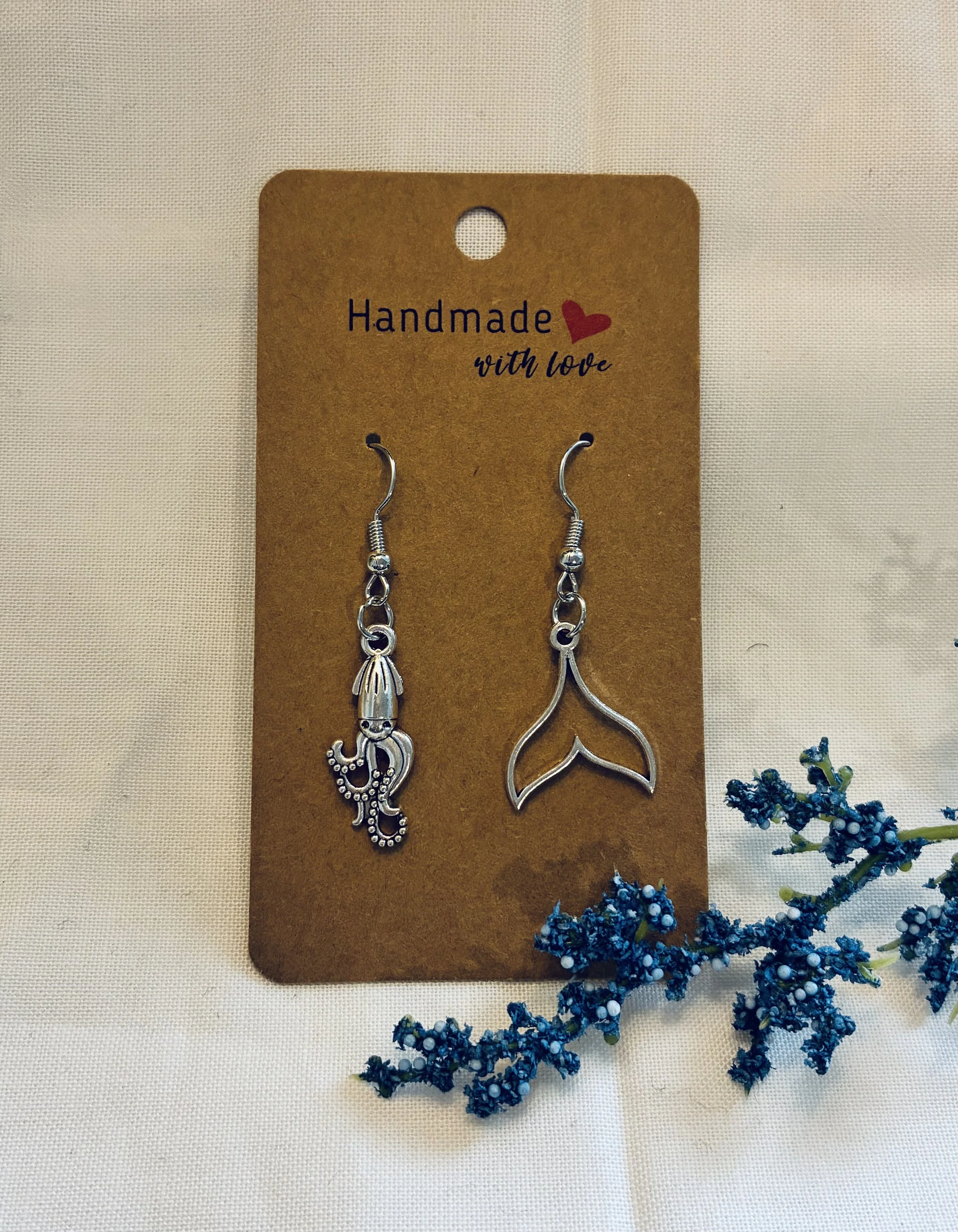 Squid & Whale Tail mismatched earrings
