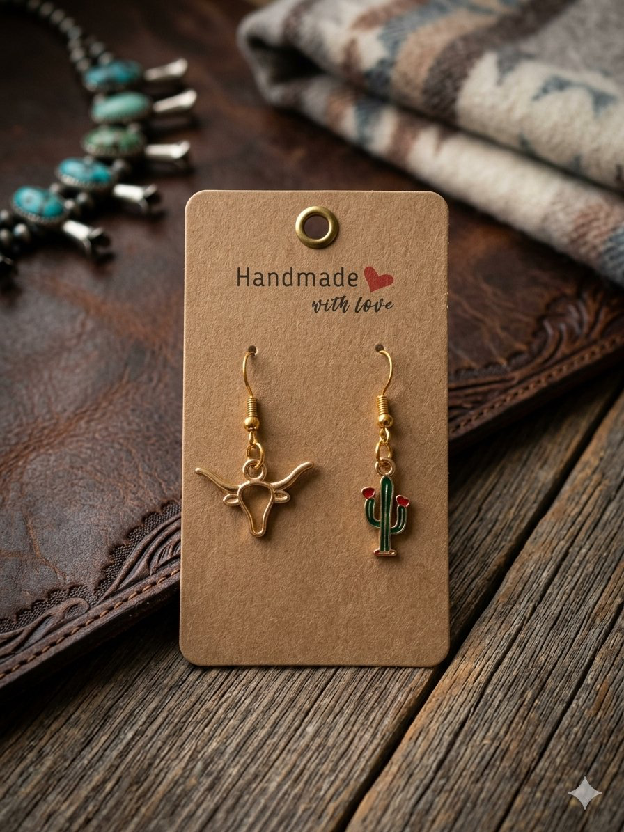 Longhorn & Cactus mismatched earrings